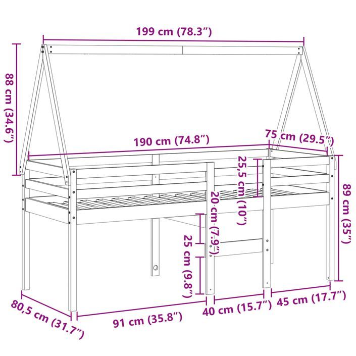 Lit haut avec toit 75x190 cm bois de pin massif - Photo n°12