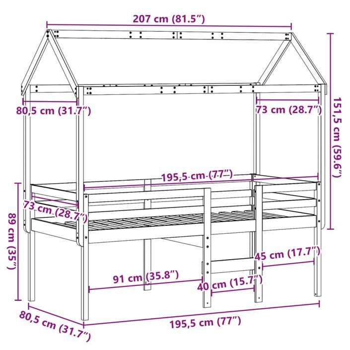 Lit haut avec toit 75x190 cm bois de pin massif - Photo n°12