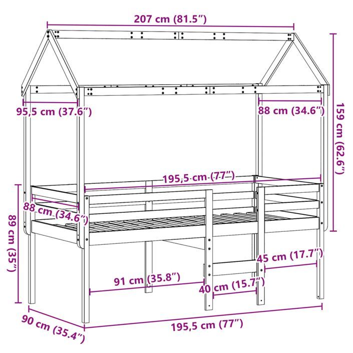 Lit haut avec toit 90x190 cm bois de pin massif - Photo n°12