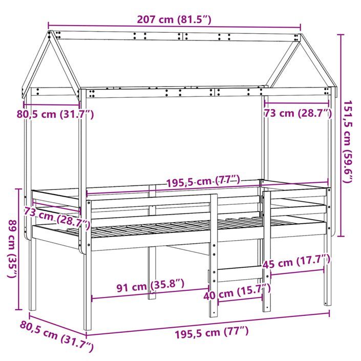 Lit haut avec toit cire marron 75x190 cm bois de pin massif - Photo n°12