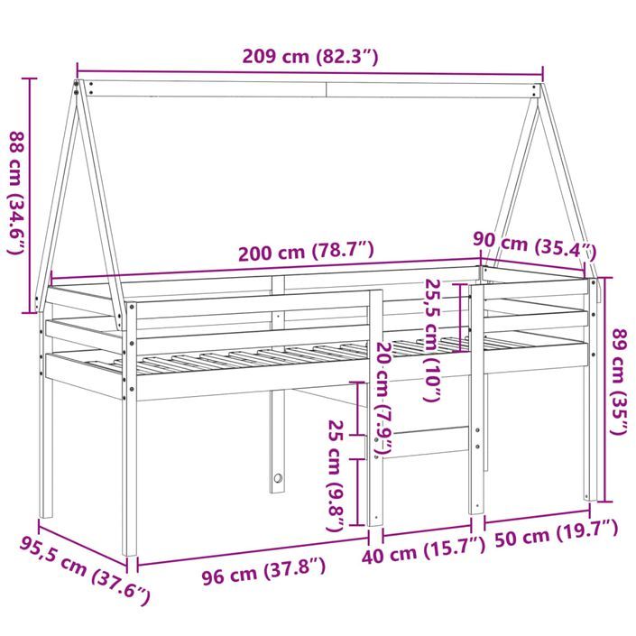 Lit haut avec toit cire marron 80x200 cm bois de pin massif - Photo n°12