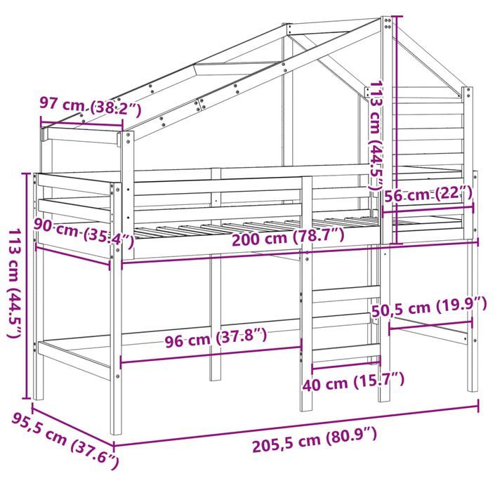 Lit haut avec toit cire marron 90x200 cm bois de pin massif - Photo n°12