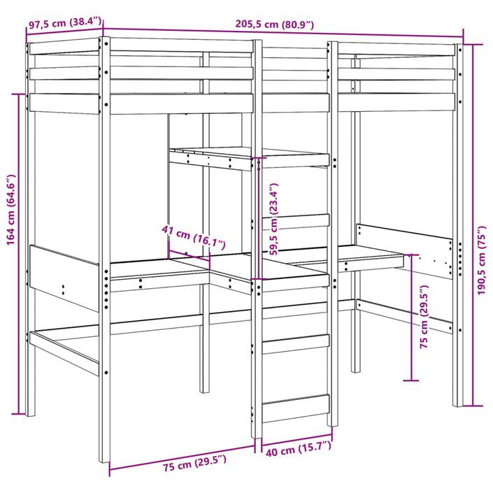 Lit mezzanine avec bureau et étagères 90x200 cm pin massif - Photo n°10