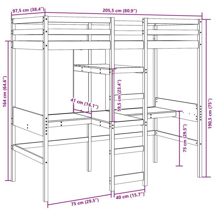 Lit mezzanine avec bureau et étagères blanc 90x200cm pin massif - Photo n°10