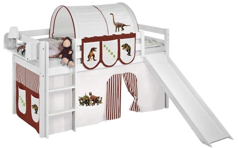 Lit mezzanine blanc avec toboggan et rideau Dinosaures marron et beige 90x190 cm - Photo n°1