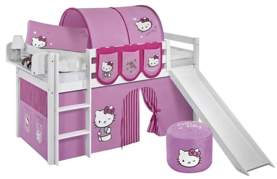 Lit mezzanine blanc avec toboggan et rideau rose Hello Kitty 90x190 cm - Photo n°1