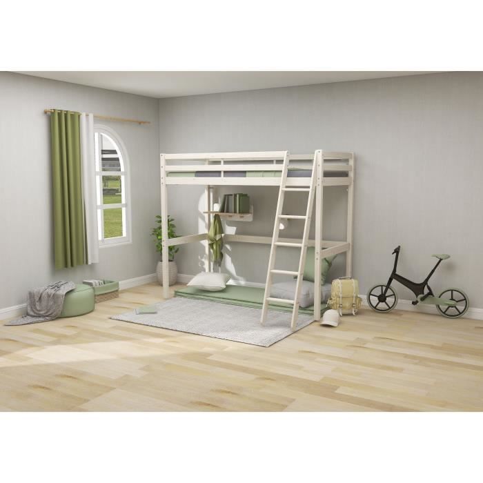 Lit mezzanine enfant - 90 x 190 cm - Pin massif blanchi - Sommier inclus - ERIKA - Photo n°2