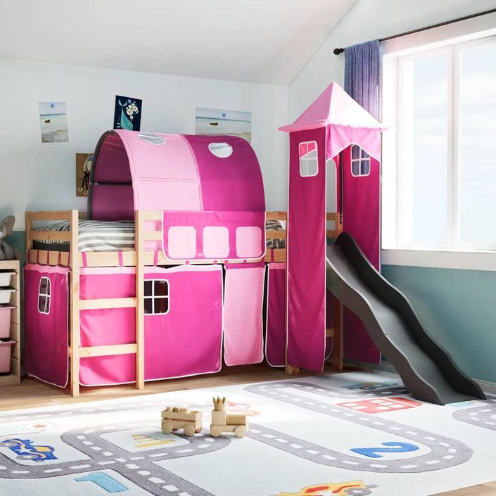 Lit mezzanine enfants avec tour rose 90x200 cm bois pin massif - Photo n°1