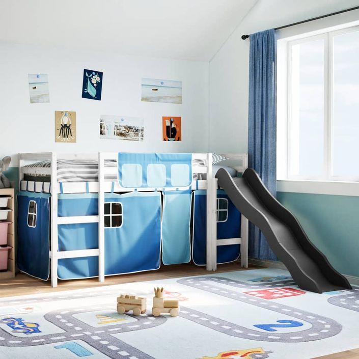 Lit mezzanine enfants et rideaux bleu 90x200cm bois pin massif - Photo n°1