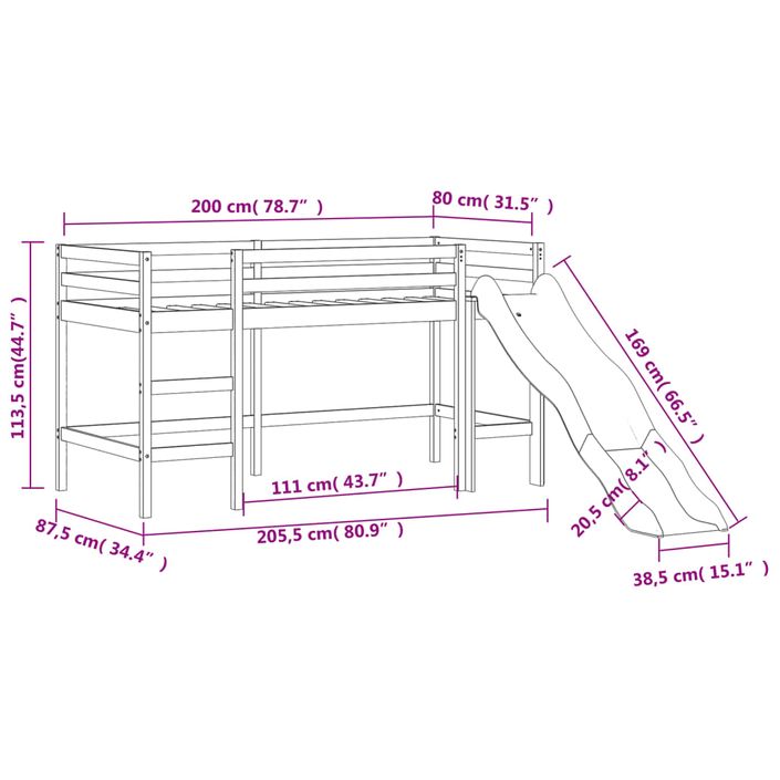 Lit mezzanine enfants toboggan 80x200 cm bois pin massif - Photo n°11