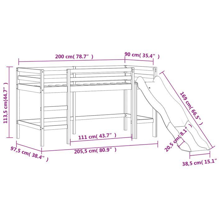 Lit mezzanine enfants toboggan 90x200 cm bois pin massif - Photo n°11