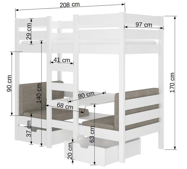 Lit mezzanine et superposé 2 couchages avec 2 tiroirs de rangement blanc 90x200 cm Sulutia - Photo n°4