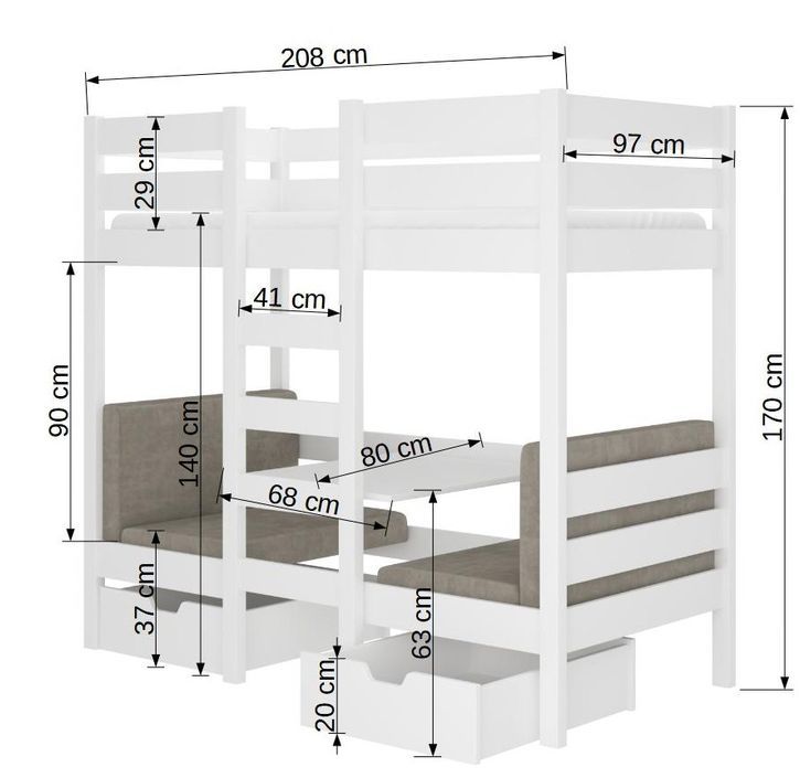 Lit mezzanine et superposé 2 couchages avec 2 tiroirs de rangement blanc et gris graphite 90x200 cm Sulutia - Photo n°4