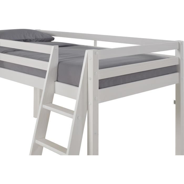 Lit mi-hauteur enfant- Bois Pin massif - Blanc - Sommier inclus - 90 x 190 cm - PINKIE - Photo n°4