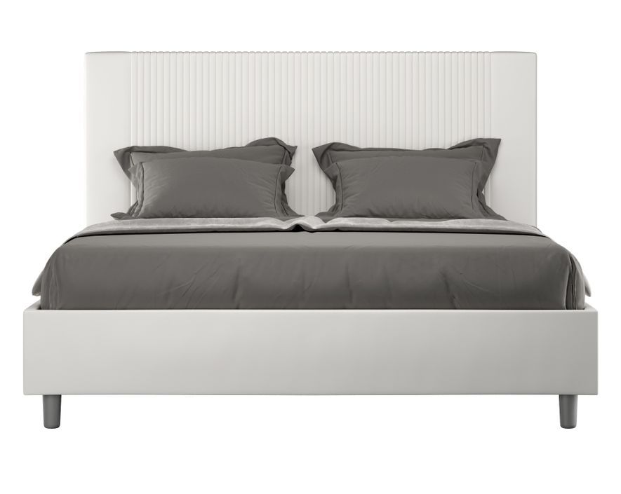 Lit moderne 160x200 cm avec tête de lit rayures verticales matelassé simili cuir blanc Bazen - Photo n°1