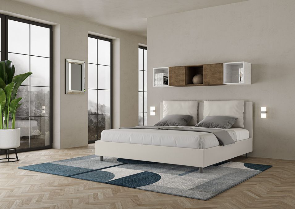 Lit moderne 180x200 cm avec tête de lit coussins simili cuir blanc Anja - Photo n°2
