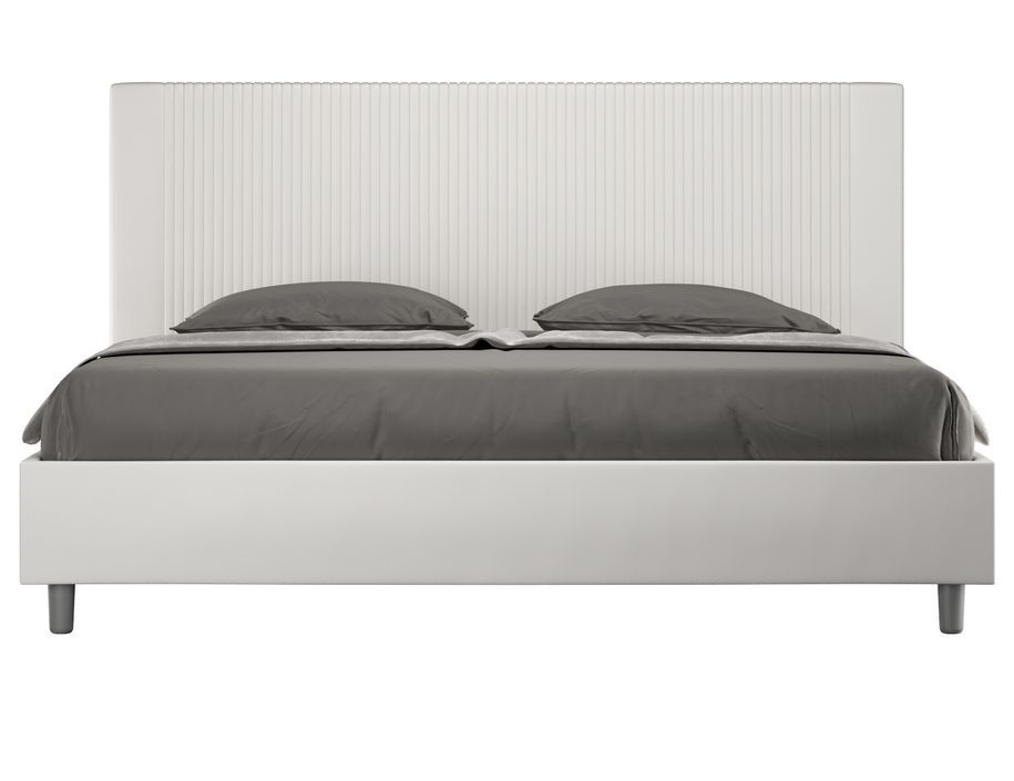 Lit moderne 180x200 cm avec tête de lit rayures verticales matelassé simili cuir blanc Bazen - Photo n°1