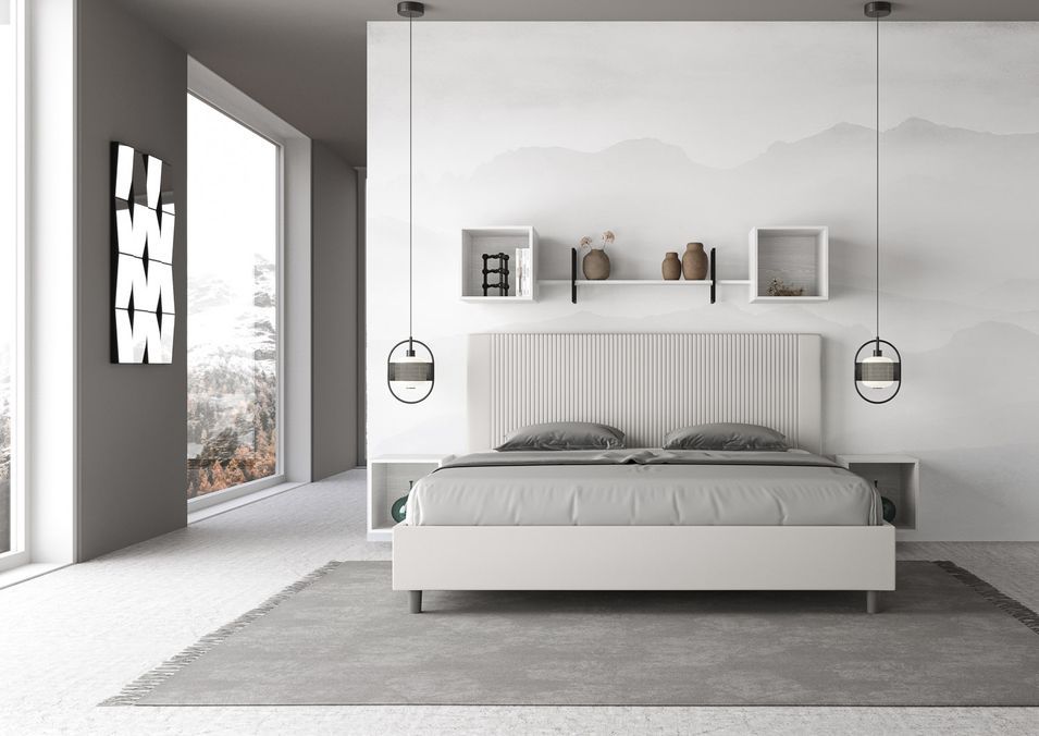 Lit moderne 180x200 cm avec tête de lit rayures verticales matelassé simili cuir blanc Bazen - Photo n°3