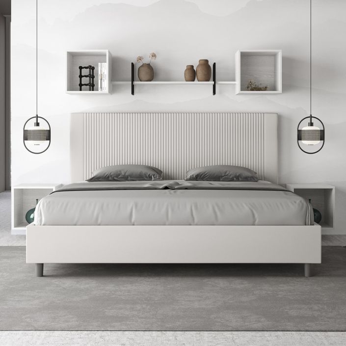 Lit moderne 180x200 cm avec tête de lit rayures verticales matelassé simili cuir blanc Bazen - Photo n°4