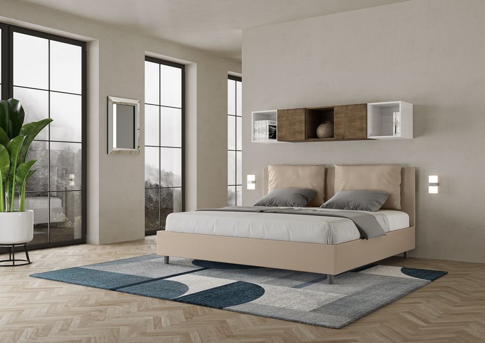 Lit moderne 200x200 cm avec tête de lit coussins simili cuir beige Anja - Photo n°2