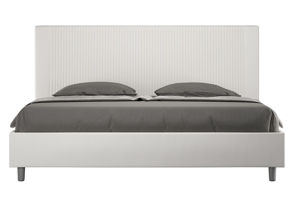 Lit moderne 200x200 cm avec tête de lit rayures verticales matelassé simili cuir blanc Bazen - Photo n°1