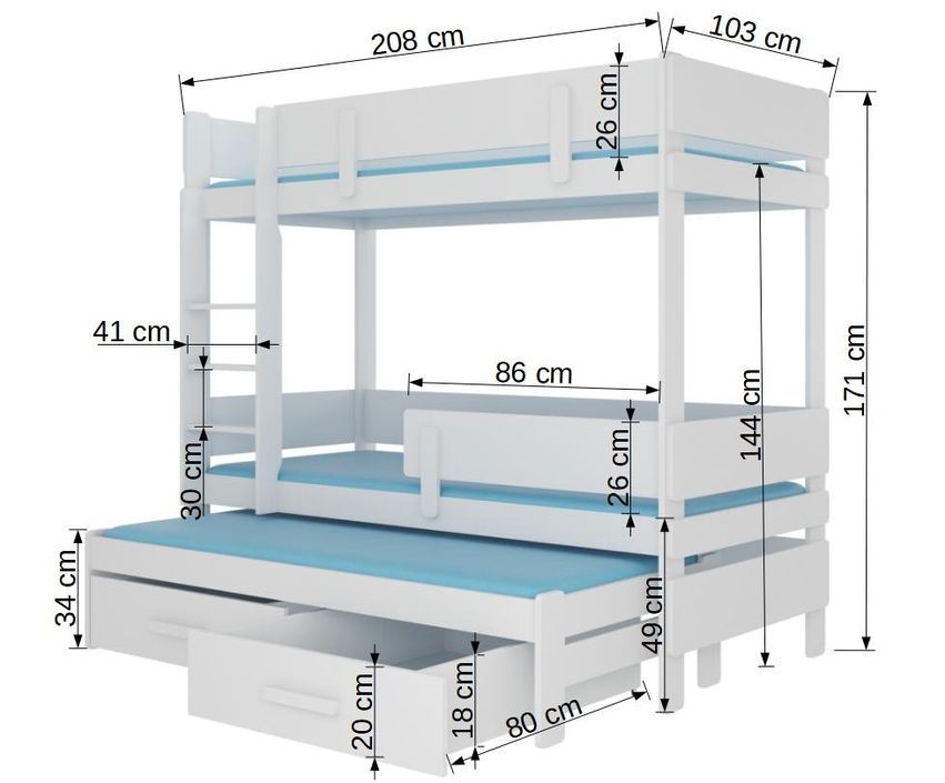 Lit superposé 2 niveaux avec 2 tiroirs de rangement blanc 90x200 cm Palko - Photo n°5