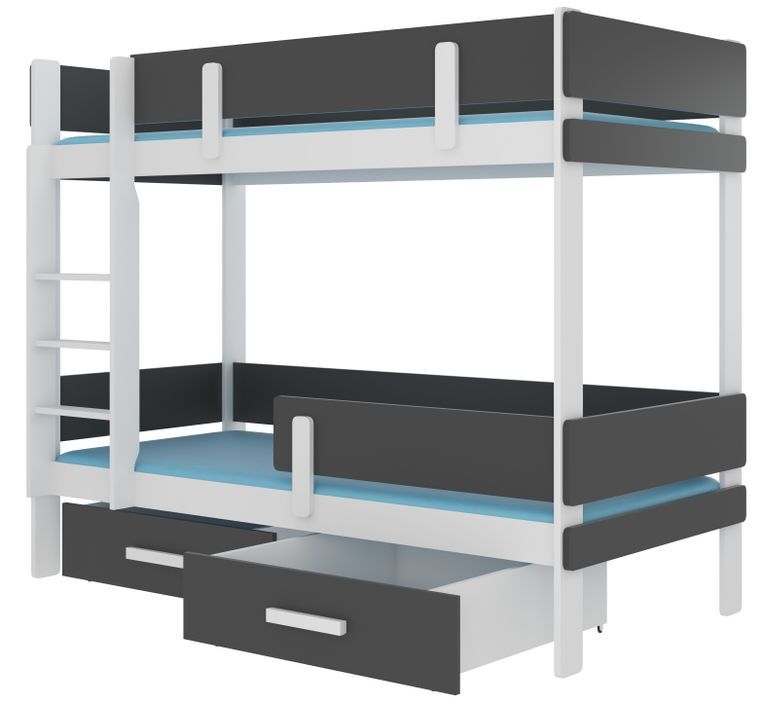 Lit superposé 2 niveaux avec 2 tiroirs de rangement blanc et gris graphite 90x200 cm Palko - Photo n°1