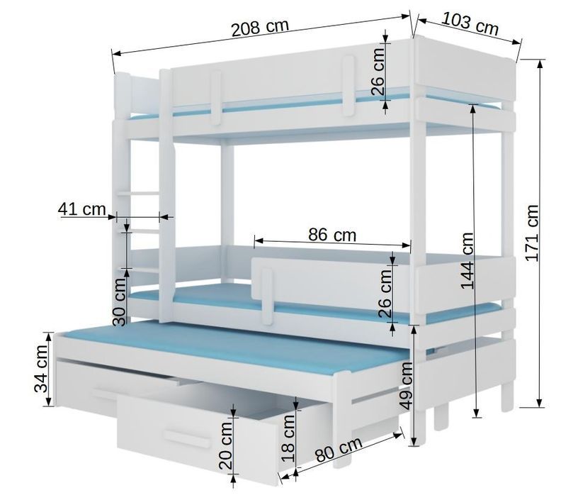 Lit superposé 2 niveaux avec 2 tiroirs de rangement blanc et gris graphite 90x200 cm Palko - Photo n°5