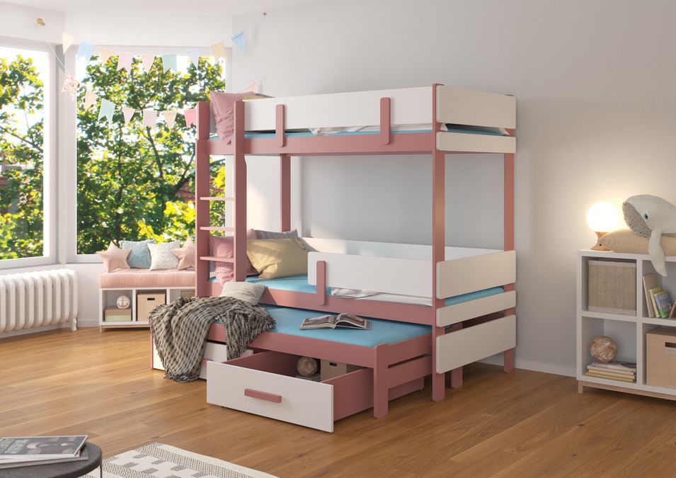 Lit superposé 2 niveaux avec 2 tiroirs de rangement rose et blanc 90x200 cm Palko - Photo n°2