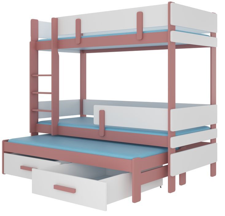 Lit superposé 2 niveaux avec 2 tiroirs de rangement rose et blanc 90x200 cm Palko - Photo n°1