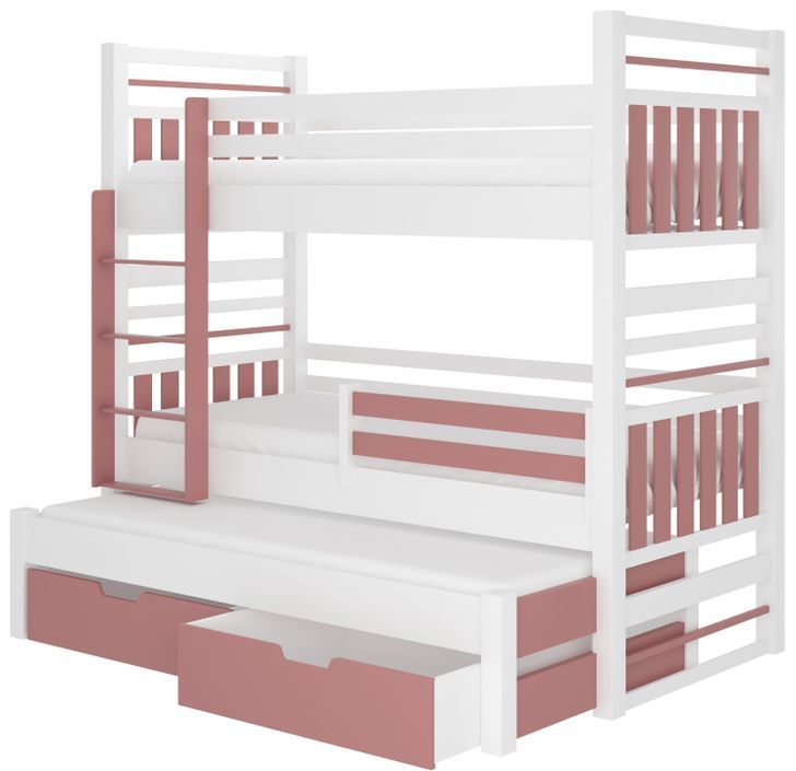 Lit superposé 3 couchages avec 2 tiroirs de rangement blanc et rose 90x200 cm Niko - Photo n°1