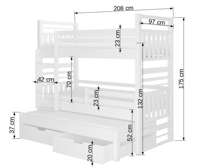 Lit superposé 3 couchages avec 2 tiroirs de rangement bois pin naturel 90x200 cm Niko - Photo n°4