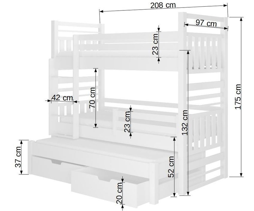 Lit superposé 3 couchages avec 2 tiroirs de rangement bois oak 90x200 cm Niko - Photo n°4