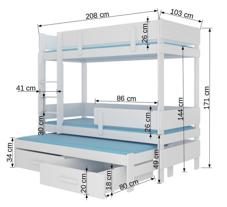 Lit superposé 3 niveaux avec 2 tiroirs de rangement blanc 90x200 cm Kopa - Photo n°5