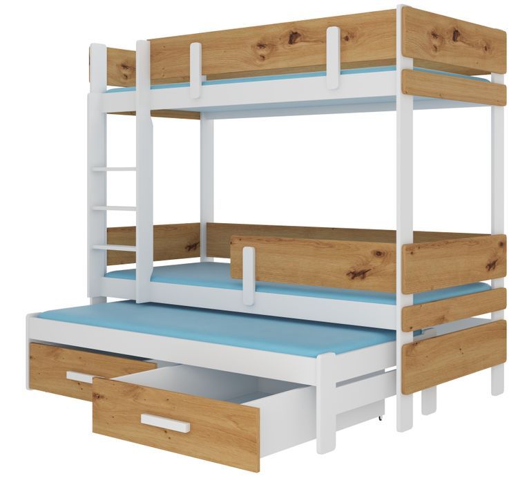Lit superposé 3 niveaux avec 2 tiroirs de rangement blanc et bois artisan 90x200 cm Kopa - Photo n°1