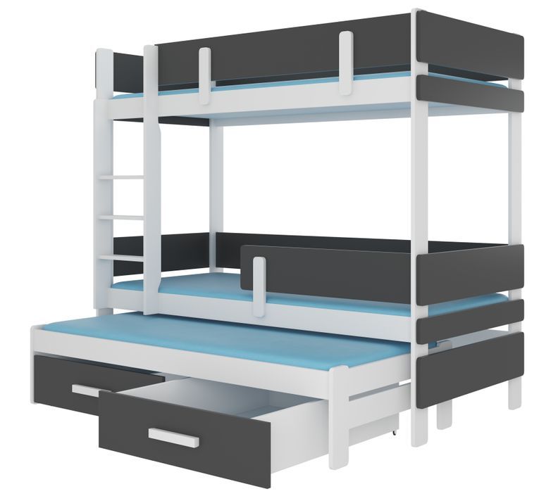 Lit superposé 3 niveaux avec 2 tiroirs de rangement blanc et gris graphite 90x200 cm Kopa - Photo n°1