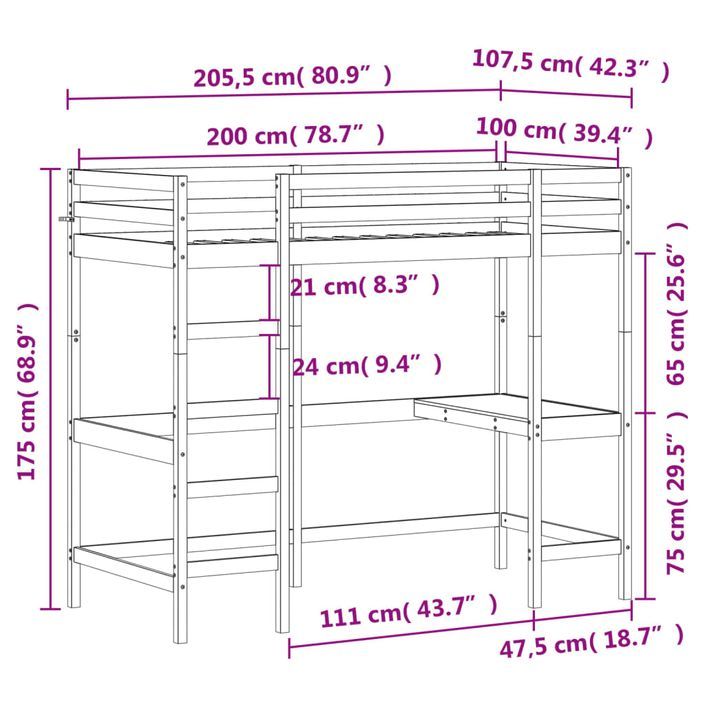 Lit superposé avec bureau 100x200 cm bois de pin massif - Photo n°10