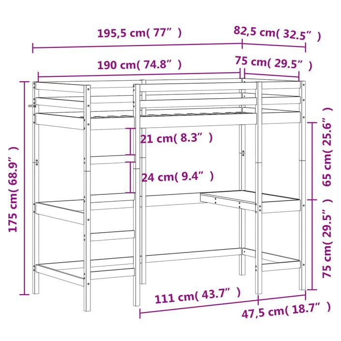 Lit superposé avec bureau 75x190 cm bois de pin massif - Photo n°10