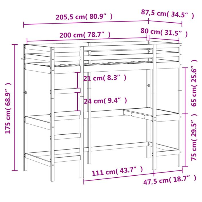 Lit superposé avec bureau 80x200 cm bois de pin massif - Photo n°9