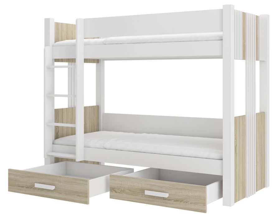 Lit superposé blanc et bois Sonoma 2 couchages 80x180 cm ou 90x200 cm avec tiroirs de rangement Luka - Photo n°1