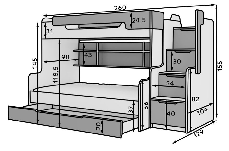 Lit superposé bois blanc et gris graphite 3 couchages 90x200 cm avec étagère et escaliers de rangement Karel - Photo n°4