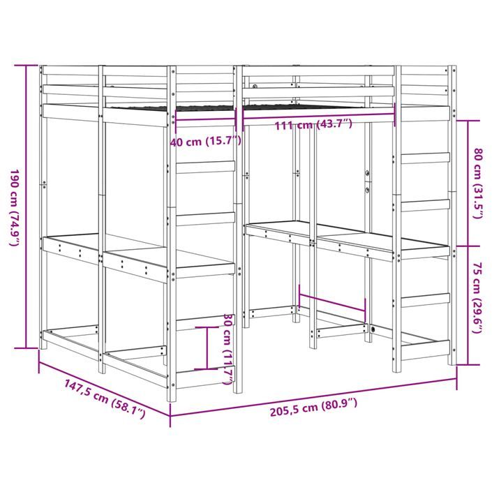 Lit superposé et bureau et échelle 140x200cm bois de pin massif - Photo n°10