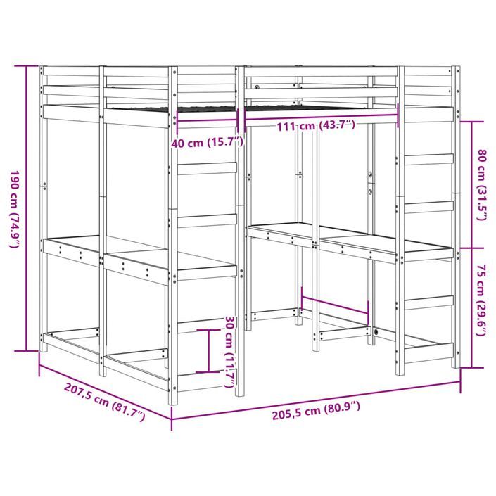 Lit superposé et bureau et échelle 200x200cm bois de pin massif - Photo n°10