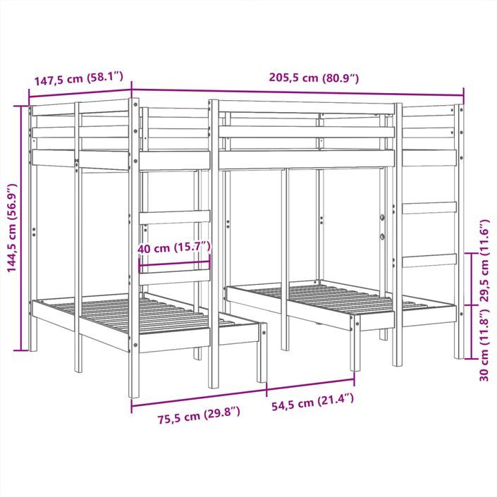 Lit superposé triple brun cire 140x200/70x140 cm pin massif - Photo n°10