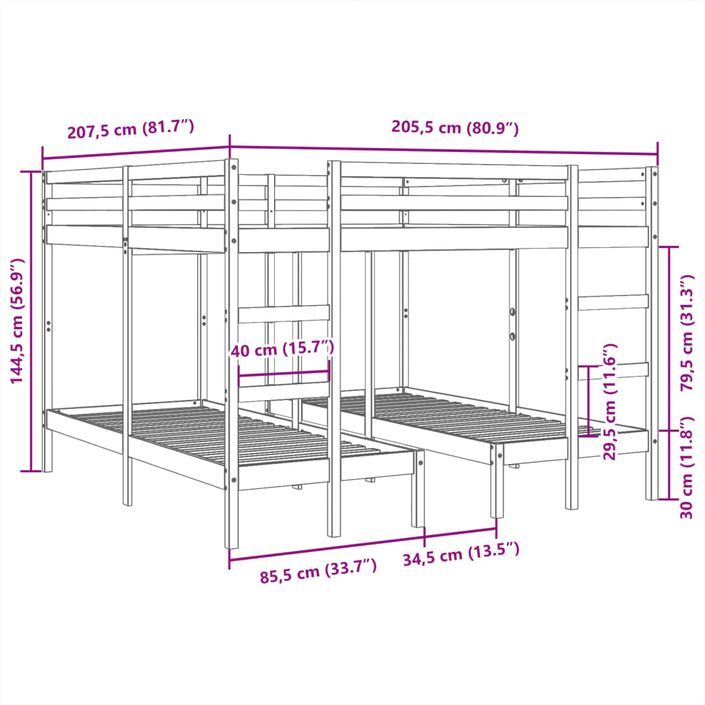 Lit superposé triple brun cire 140x200/70x140 cm pin massif - Photo n°10