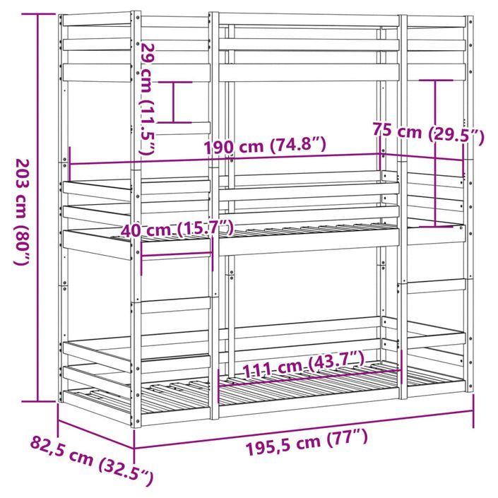 Lit superposé triple marron cire 75x190 cm bois de pin massif - Photo n°10