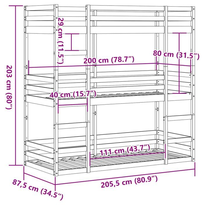 Lit superposé triple marron cire 80x200 cm bois de pin massif - Photo n°10