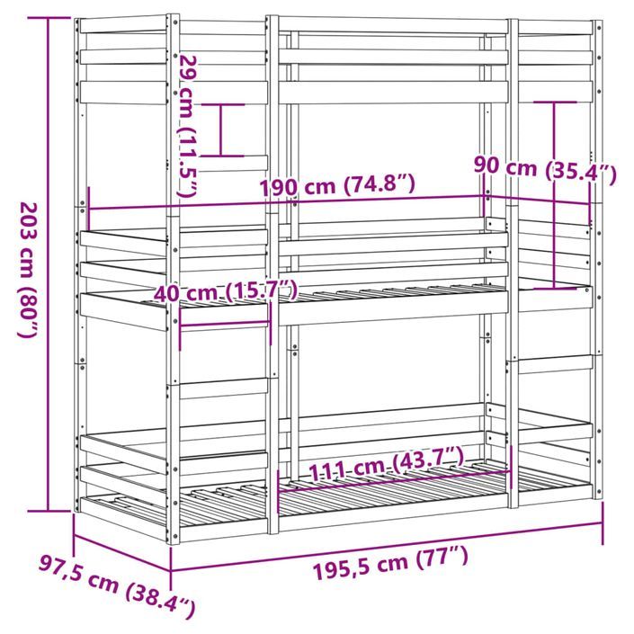 Lit superposé triple marron cire 90x190 cm bois de pin massif - Photo n°10