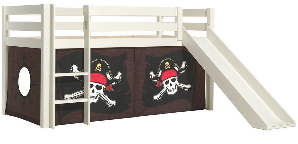 Lit toboggan 90x200 cm avec tente pirate marron pin massif blanc Pino - Photo n°1