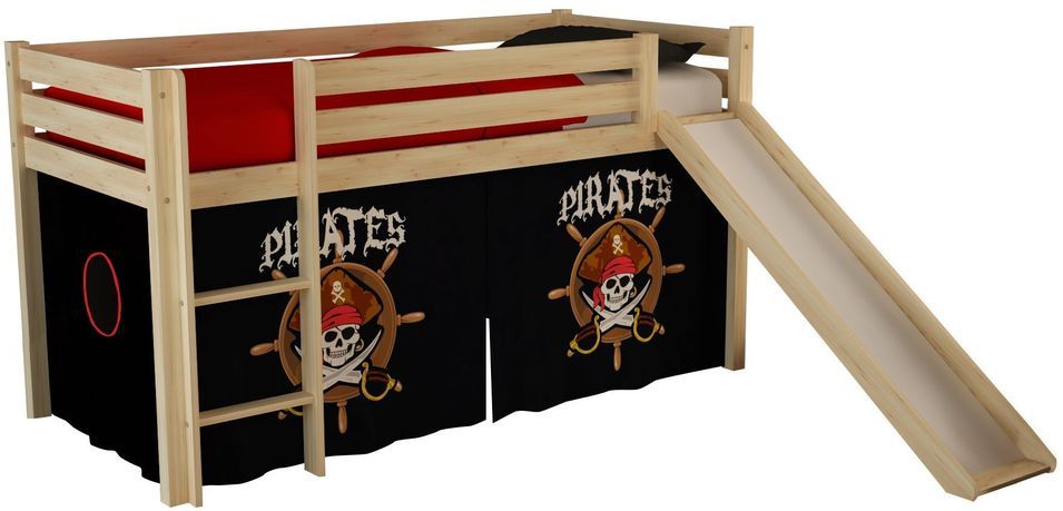 Lit toboggan 90x200 cm avec tente pirate noir pin massif clair Pino - Photo n°1